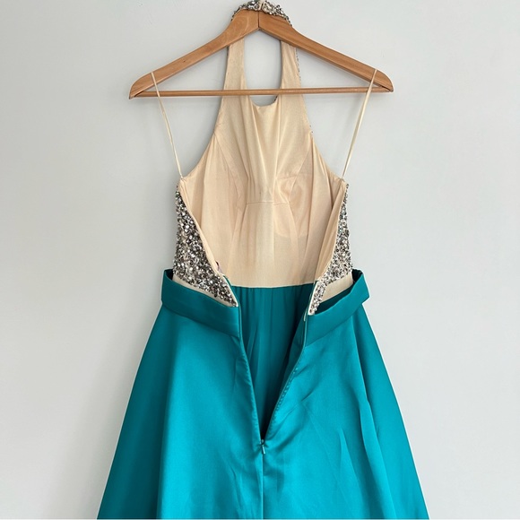 JOVANI Teal Beaded Sequins Halter Wedding Ball Gown Formal Evening Dress Sz 8 - Picture 9 of 16